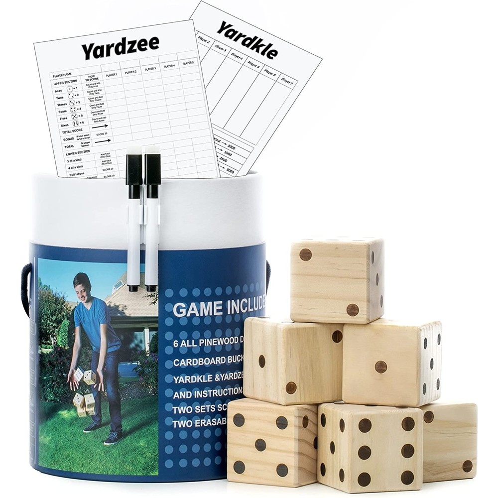 Large Wooden Yard Dice Outdoor Games Set of 6 with Scorecards and Bucket